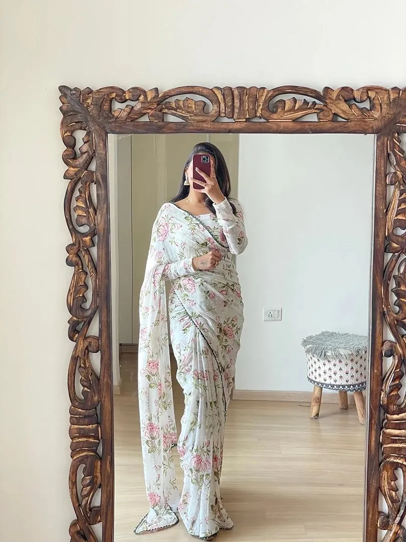 White Printed Saree