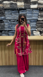 Hot Pink Printed Indo-Fusion Co-Ord Set with Jacket Layer