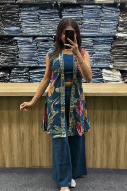 Hot Pink Printed Indo-Fusion Co-Ord Set with Jacket Layer