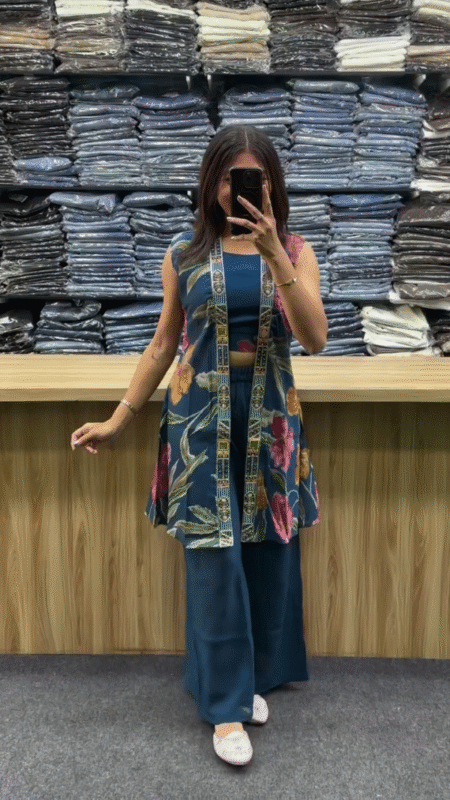 Hot Pink Printed Indo-Fusion Co-Ord Set with Jacket Layer